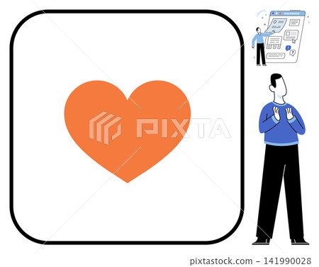 Orange heart icon and man character vector illustration. Love, social media, feedback, communication, digital interaction, user engagement. Symbol of affection and person gesturing Orange heart icon and man character vector illustration. Love, social media, feedback, communication, digital interaction, user engagement. Symbol of affection and person gesturing 141990028