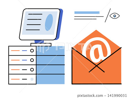 Computer server and email envelope vector illustration. Data storage, network security, digital communication, information technology, cloud hosting, electronic mail. Mail icon and workstation Computer server and email envelope vector illustration. Data storage, network security, digital communication, information technology, cloud hosting, electronic mail. Mail icon and workstation 141990031
