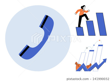 Telephone handset and business growth charts vector illustration. Sales performance, corporate strategy, financial success, marketing communication, career development, investment planning. Phone Telephone handset and business growth charts vector illustration. Sales performance, corporate strategy, financial success, marketing communication, career development, investment planning. Phone 141990032