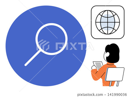 Person looking at a globe icon and magnifying glass vector illustration. Education, internet research, global communication, digital search, information gathering, data analysis. Student studying Person looking at a globe icon and magnifying glass vector illustration. Education, internet research, global communication, digital search, information gathering, data analysis. Student studying 141990036