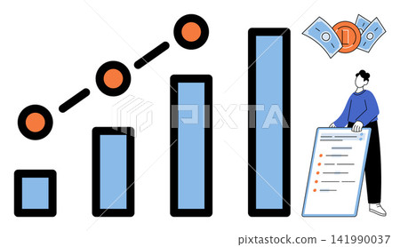 Person holding a checklist next to a rising bar chart vector illustration. Financial planning, business growth, investment strategy, economic success, wealth management, corporate analysis. Man Person holding a checklist next to a rising bar chart vector illustration. Financial planning, business growth, investment strategy, economic success, wealth management, corporate analysis. Man 141990037