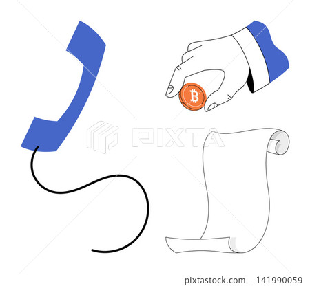 Telephone handset, hand holding bitcoin, and paper scroll vector illustration. Finance, communication, investment, documentation, technology, business Phone receiver cryptocurrency document Telephone handset, hand holding bitcoin, and paper scroll vector illustration. Finance, communication, investment, documentation, technology, business Phone receiver cryptocurrency document 141990059