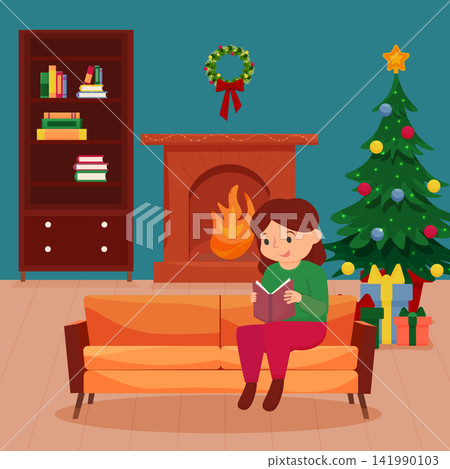 cute girl is sitting on the sofa with a book. Christmas interior. Christmas fairy tales and stories. Vector illustration cute girl is sitting on the sofa with a book. Christmas interior. Christmas fairy tales and stories. Vector illustration 141990103