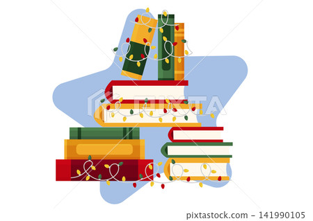 stack of Christmas books with bright garlands. I like to read. New Year's stories and fairy tales. Vector illustration stack of Christmas books with bright garlands. I like to read. New Year's stories and fairy tales. Vector illustration 141990105