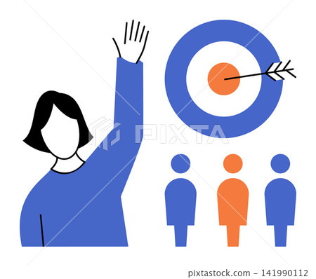 A person raising a hand next to a target and group of people vector illustration. Marketing, goal setting, leadership, teamwork, success, strategy. Woman gesturing toward business objectives A person raising a hand next to a target and group of people vector illustration. Marketing, goal setting, leadership, teamwork, success, strategy. Woman gesturing toward business objectives 141990112