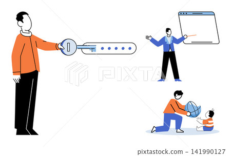 People performing daily tasks and business activities vector illustration. Security, access, education, parenting, development, technology. Characters engaging in professional and personal life People performing daily tasks and business activities vector illustration. Security, access, education, parenting, development, technology. Characters engaging in professional and personal life 141990127