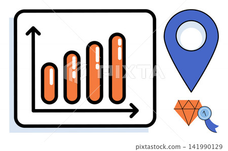 Bar chart with location pin and diamond badge vector illustration. Performance tracking, market research, business strategy, data analysis, location services, premium quality. Financial growth graph Bar chart with location pin and diamond badge vector illustration. Performance tracking, market research, business strategy, data analysis, location services, premium quality. Financial growth graph 141990129