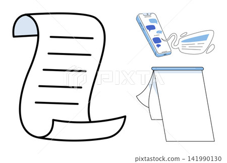Paper scrolls and smartphone with chat bubbles vector illustration. Office work, digital communication, task management, business planning, information exchange, document organization. Stationery 141990130