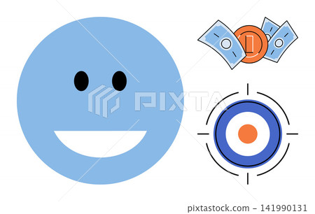 Happy face emotion with money and target icons vector illustration. Financial growth, goal achievement, customer satisfaction, marketing strategy, investment success, positive feedback. Smiling Happy face emotion with money and target icons vector illustration. Financial growth, goal achievement, customer satisfaction, marketing strategy, investment success, positive feedback. Smiling 141990131