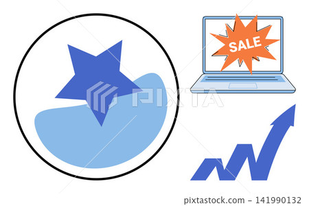 Laptop with sale sign, star rating icon, and rising arrow chart vector illustration. Marketing, e-commerce, business growth, online shopping, customer feedback, financial success. Computer display Laptop with sale sign, star rating icon, and rising arrow chart vector illustration. Marketing, e-commerce, business growth, online shopping, customer feedback, financial success. Computer display 141990132