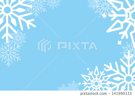 Winter background with white snowflakes on a light blue backdrop, featuring a blank central area for text or design elements. Vector 141990133