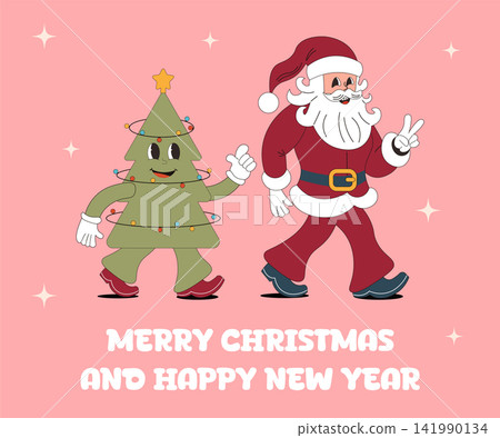 Groovy retro Christmas vector illustration. Holly jolly vibes. Christmas green and Santa Claus with happy smiling face Groovy retro Christmas vector illustration. Holly jolly vibes. Christmas green and Santa Claus with happy smiling face 141990134