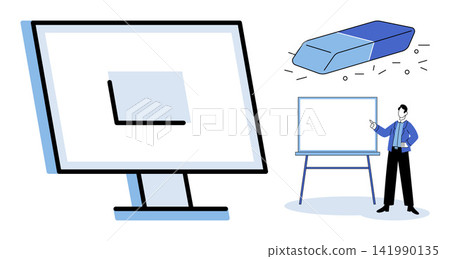 Computer monitor with eraser tool and presenter vector illustration. Editing, correction, digital cleanup, data removal, mistake fixing, software training. Screen display with rubber icon Computer monitor with eraser tool and presenter vector illustration. Editing, correction, digital cleanup, data removal, mistake fixing, software training. Screen display with rubber icon 141990135