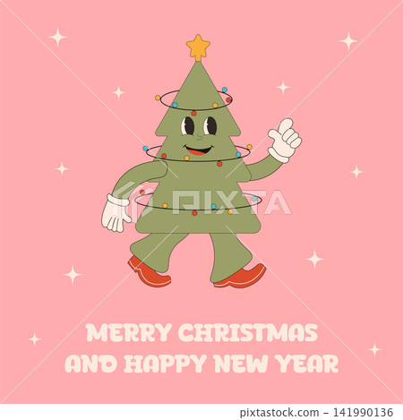Christmas green tree with happy smiling face. Groovy retro Christmas vector illustration. Holly jolly vibes Christmas green tree with happy smiling face. Groovy retro Christmas vector illustration. Holly jolly vibes 141990136
