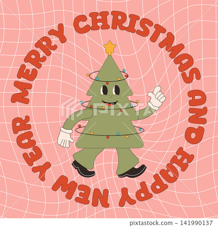 Groovy hippie Christmas tree. trendy retro style. Merry Christmas and Happy New year greeting card, poster, invitation, banner Groovy hippie Christmas tree. trendy retro style. Merry Christmas and Happy New year greeting card, poster, invitation, banner 141990137