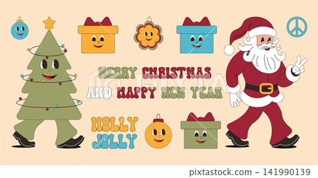 Groovy Christmas. Set of Santa Claus, Christmas tree, gift, tree in trendy retro cartoon style. Vector stickers 141990139