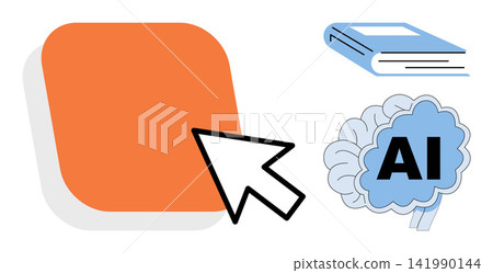 Cursor clicking on an orange button next to a brain and book vector illustration. Machine learning, digital education, data processing, smart technology, knowledge base, automated research. Pointer 141990144