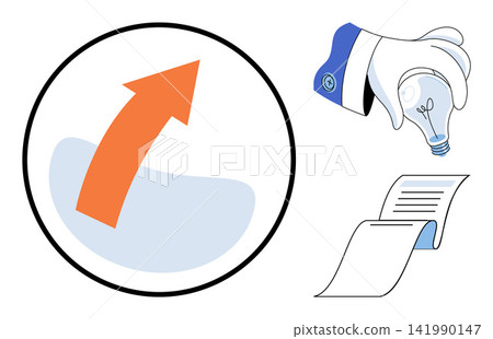 Growth arrow, hand holding lightbulb and document icons vector illustration. Innovation, business strategy, project management, creative thinking, financial success, corporate planning. Progress Growth arrow, hand holding lightbulb and document icons vector illustration. Innovation, business strategy, project management, creative thinking, financial success, corporate planning. Progress 141990147