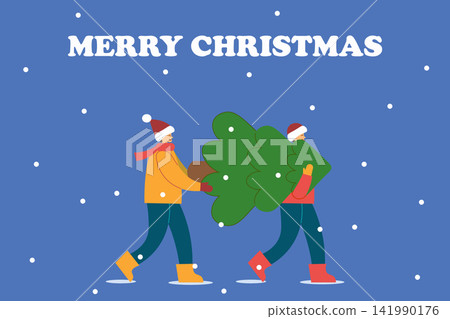 Two friends joyfully carry Christmas tree across the snowy landscape, rejoicing in the festive mood. Christmas Card. Vector Two friends joyfully carry Christmas tree across the snowy landscape, rejoicing in the festive mood. Christmas Card. Vector 141990176