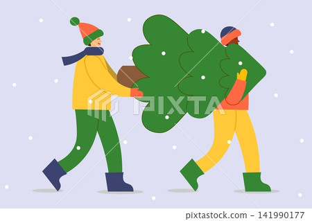Two joyful individuals carry a green Christmas tree during a snowy, festive holiday season. Celebrate christmas and preparation new year. vector winter card Two joyful individuals carry a green Christmas tree during a snowy, festive holiday season. Celebrate christmas and preparation new year. vector winter card 141990177