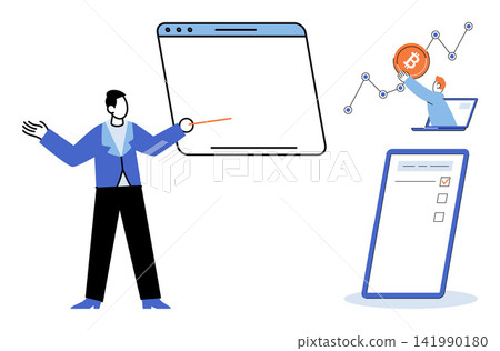 Business person presenting financial data and bitcoin growth vector illustration. Digital marketing, crypto investment, online trading, market analysis, corporate strategy, fintech growth Business person presenting financial data and bitcoin growth vector illustration. Digital marketing, crypto investment, online trading, market analysis, corporate strategy, fintech growth 141990180