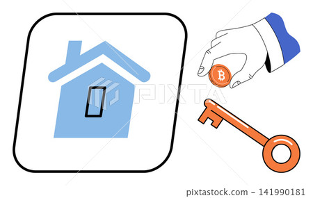 House icon with a hand holding a bitcoin and a key vector illustration. Property investment, digital currency, mortgage finance, real estate market, crypto assets, home ownership. Residential House icon with a hand holding a bitcoin and a key vector illustration. Property investment, digital currency, mortgage finance, real estate market, crypto assets, home ownership. Residential 141990181