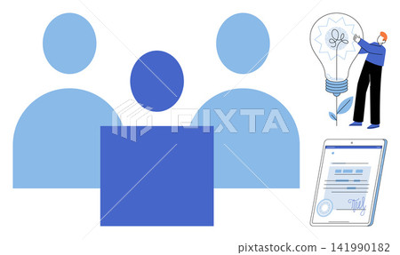 Business team with lightbulb innovation and digital contract signing vector illustration. Strategy, brainstorming, partnership, technology, agreement, development. Corporate group working on creative 141990182