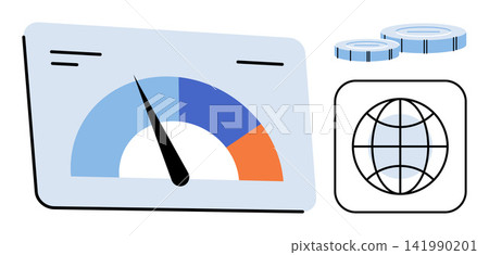 Performance gauge with global network and currency coins vector illustration. Business growth, financial success, global economy, market speed, digital trade, investment strategy. Speedometer icon Performance gauge with global network and currency coins vector illustration. Business growth, financial success, global economy, market speed, digital trade, investment strategy. Speedometer icon 141990201