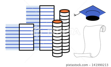 Bar charts coins graduation cap and diploma vector illustration. Academic achievement, financial success, investment, student loan, tuition fees, economic growth. Business graphs money stacks Bar charts coins graduation cap and diploma vector illustration. Academic achievement, financial success, investment, student loan, tuition fees, economic growth. Business graphs money stacks 141990213