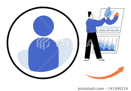 User profile icon with a businessman analyzing charts and growth graphs vector illustration. Business development, data analytics, marketing strategy, performance tracking, sales, progress. Person 141990214
