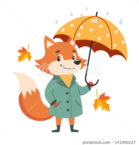 Cute Fox in Raincoat with Umbrella Under Rain. Fall Season Illustration. 141990227