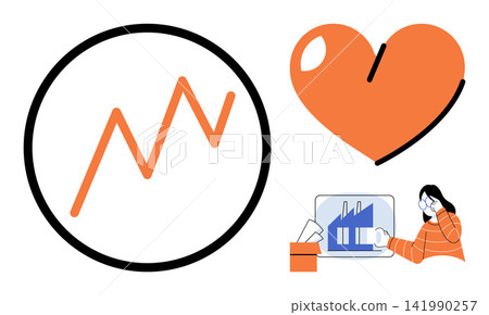 Business growth chart, heart icon and person working on industrial project vector illustration. Success, productivity, manufacturing, economy, development, corporate strategy. Economic progress Business growth chart, heart icon and person working on industrial project vector illustration. Success, productivity, manufacturing, economy, development, corporate strategy. Economic progress 141990257