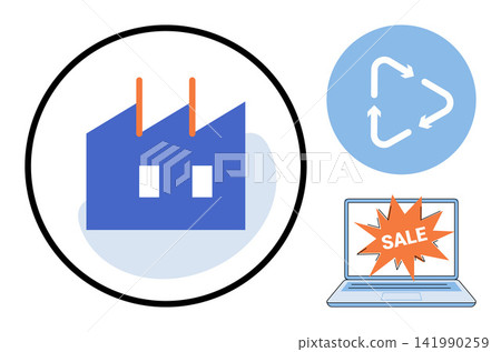 Factory building, recycling arrows, and laptop with sale sign vector illustration. Sustainability, industrial production, e-commerce, circular economy, digital marketing, retail business Factory building, recycling arrows, and laptop with sale sign vector illustration. Sustainability, industrial production, e-commerce, circular economy, digital marketing, retail business 141990259