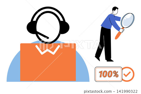 Customer support agent with headset and man using magnifying glass vector illustration. Quality control, technical assistance, business analysis, search, verification, service. Help desk operator Customer support agent with headset and man using magnifying glass vector illustration. Quality control, technical assistance, business analysis, search, verification, service. Help desk operator 141990322