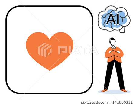 A man standing next to a heart icon and an AI brain symbol vector illustration. Technology, emotions, digital romance, machine learning, human connection, data analysis. Person with robotic mind A man standing next to a heart icon and an AI brain symbol vector illustration. Technology, emotions, digital romance, machine learning, human connection, data analysis. Person with robotic mind 141990331