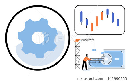 Gear icon, stock market candlestick chart, and worker building a bank vault vector illustration. Financial planning, corporate management, investment strategy, banking, development, economy 141990333