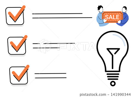 Checklist with checkmarks and lightbulb icon vector illustration. Marketing, strategy, planning, productivity, commerce, innovation. Task list with glowing bulb and discount banner Checklist with checkmarks and lightbulb icon vector illustration. Marketing, strategy, planning, productivity, commerce, innovation. Task list with glowing bulb and discount banner 141990344