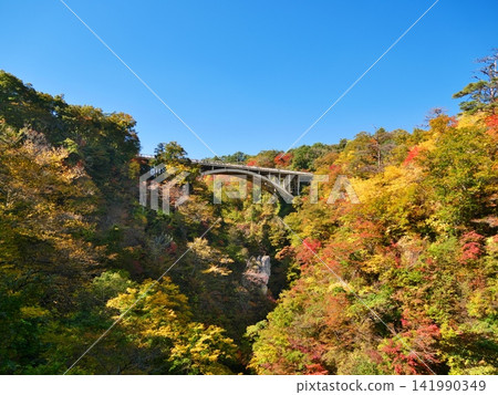Autumn scenery at Naruko Gorge (view of Ofukazawa Bridge from the walking trail) [Naruko Onsen, Osaki City, Miyagi Prefecture] 141990349