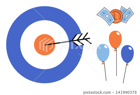 Target with arrow, money, and balloons vector illustration. Success, business growth, financial goals, marketing strategy, celebration, achievement. Bullseye hitting center with currency 141990378
