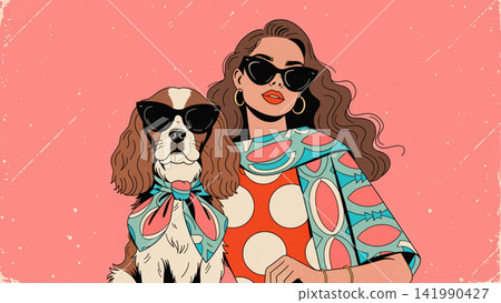 Retro Fashion Matching Outfit Sunglasses Matching Pet dog vector background Retro Fashion Matching Outfit Sunglasses Matching Pet dog vector background 141990427