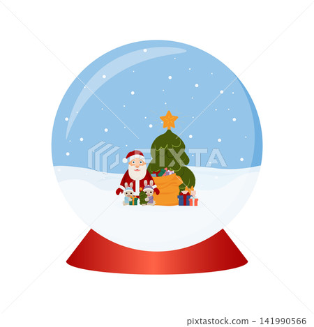 Glass snow Globe, Santa Claus and gifts, Christmas tree and rabbits. Vector isolated on white background. Glass snow Globe, Santa Claus and gifts, Christmas tree and rabbits. Vector isolated on white background. 141990566