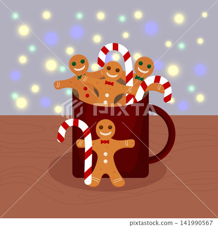 cup of hot chocolate or cocoa with Gingerbread and sweets, lollipop. Christmas winter hot drink. Vector illustration. cup of hot chocolate or cocoa with Gingerbread and sweets, lollipop. Christmas winter hot drink. Vector illustration. 141990567