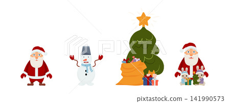 Vector illustration set Santa Claus , Christmas tree with gifts, cheerful snowman, cartoon rabbits. Vector illustration set Santa Claus , Christmas tree with gifts, cheerful snowman, cartoon rabbits. 141990573