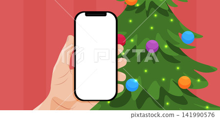 Celebrating Christmas and New Year online using a mobile phone. The hand holds a mobile phone with an empty screen, next to a Christmas tree. online video call, chat. Vector illustration. Celebrating Christmas and New Year online using a mobile phone. The hand holds a mobile phone with an empty screen, next to a Christmas tree. online video call, chat. Vector illustration. 141990576