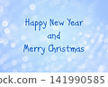 template for greeting card with a happy New year and Christmas. Christmas blue background with bokeh. 141990585