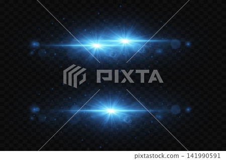 Blue light effects with lens flares and glowing particles overlaying a dark transparent background Blue light effects with lens flares and glowing particles overlaying a dark transparent background 141990591