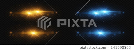 Two pairs of horizontal glowing light streaks and lens flare effect on transparent background 141990593