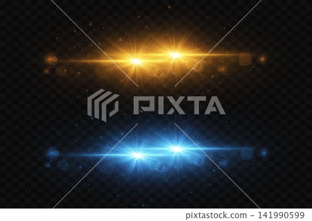Two horizontal light effects creating lens flares and bright glowing streaks on transparency Two horizontal light effects creating lens flares and bright glowing streaks on transparency 141990599