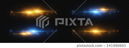 Set of horizontal light rays and glowing particles creating optical lens flare effects Set of horizontal light rays and glowing particles creating optical lens flare effects 141990603