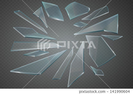 Broken glass pieces scattered on a transparent background, creating a shattered effect Broken glass pieces scattered on a transparent background, creating a shattered effect 141990604
